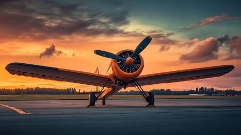 Sunset runway reverie with vintage orange prop plane poised.