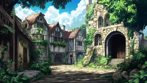 Medieval village courtyard with ivy-covered stone facades.