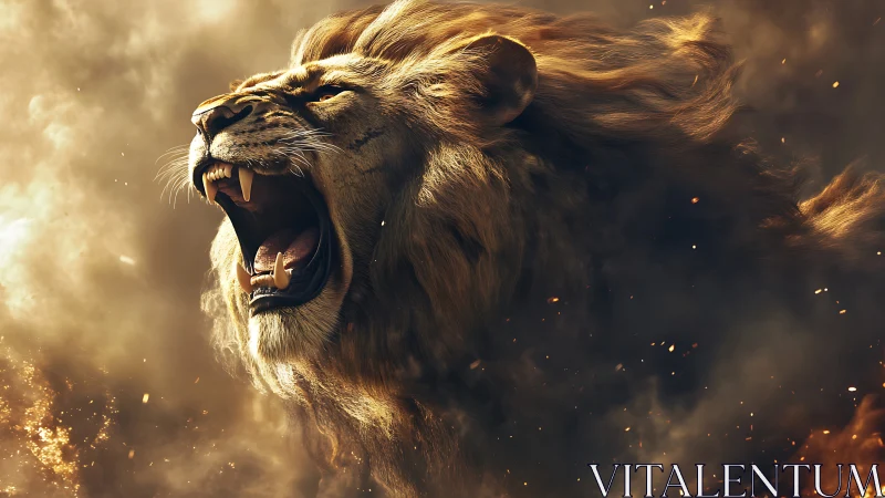 Roaring lion amid swirling firelit smoke clouds.