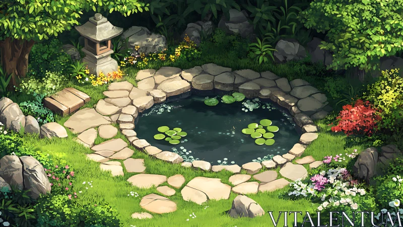 Stone-bordered koi pond sits in lush landscaped garden