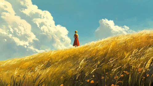 Solitary figure on golden hillside beneath towering clouds.