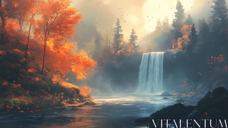 Autumn forest waterfall under diffused golden backlight.