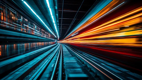 Hyperspeed metro rails with neon motion trails at night.