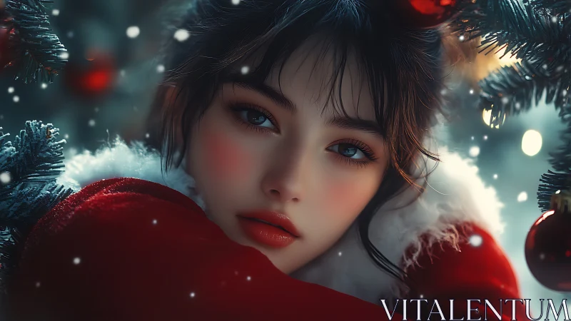 Digital winter portrait of girl in red Christmas coat.