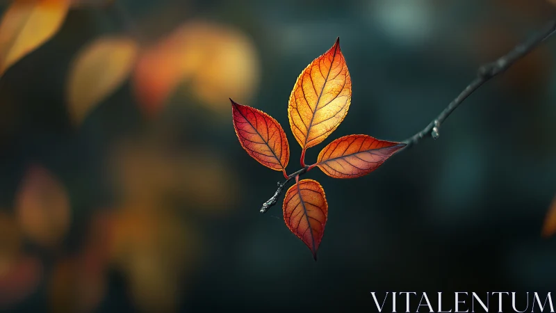 Vivid autumn leaves on branch with dramatic bokeh background.