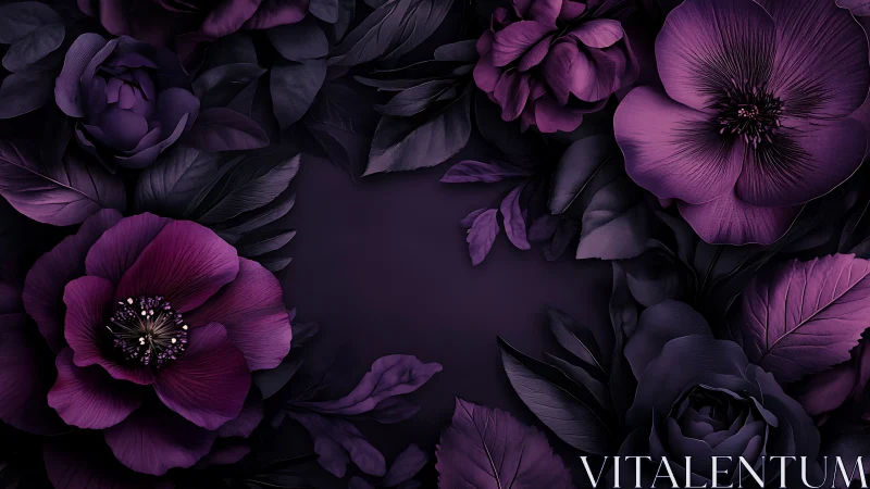 Dark Florals: Purple Flowers on Black Background.