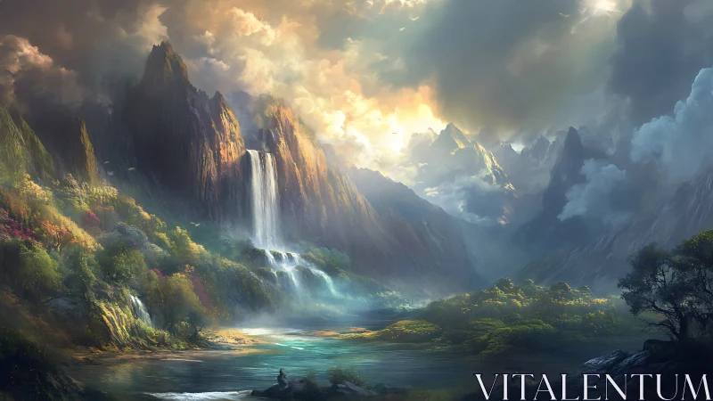 Mountain landscape with cascading waterfalls and dense clouds.