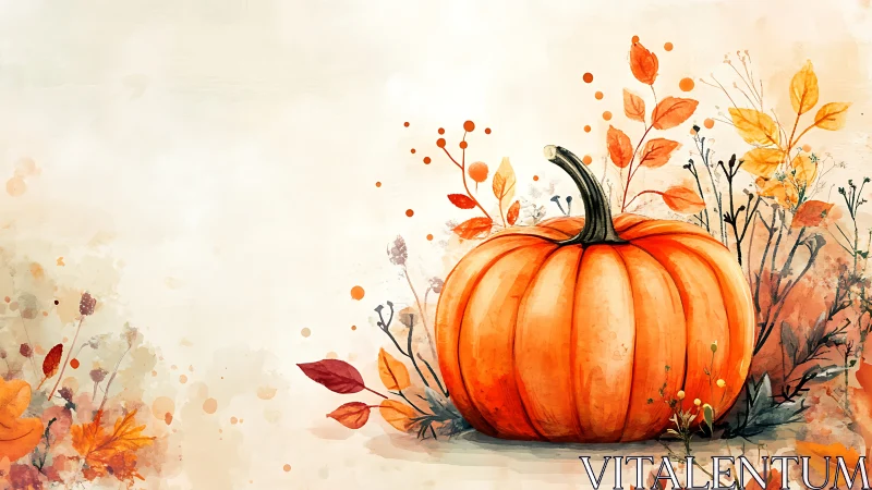 Autumnal watercolor pumpkin with botanical surround composition.