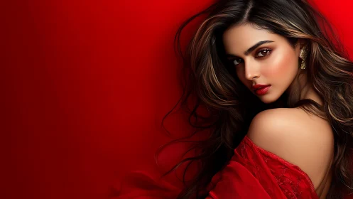 Scarlet-lit portrait of poised woman against vivid red field.