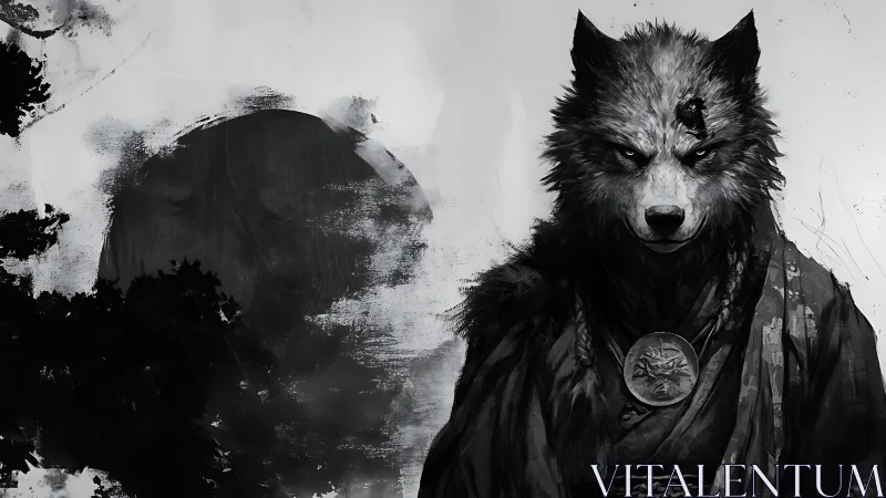 Stoic wolf warrior in flowing robes under a painted moon.
