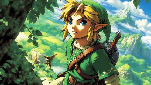 Heroic elf warrior in verdant fantasy landscape, cel-shaded