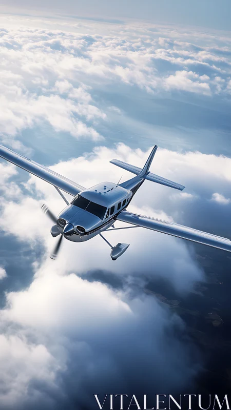Single engine airplane cuts through bright layered cloudscape