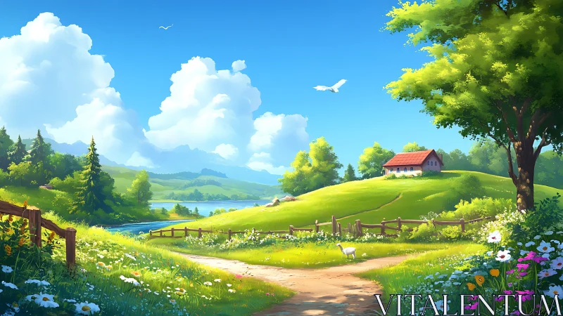 Sunlit country lane winding toward a quiet riverside cottage.