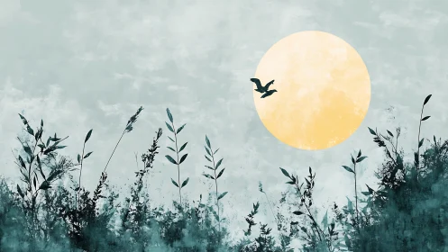 Minimalist landscape with birds, tall grass, and large yellow moon.