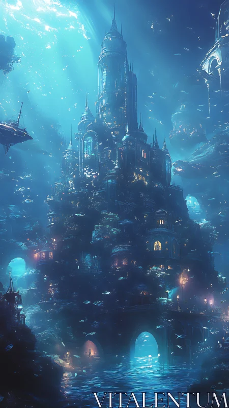 Vertical undersea metropolis rendered in luminous cinematic detail