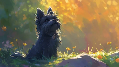 Small black dog sits in sunlit meadow and looks upward