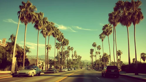 Palm lined boulevard under warm retro evening light period