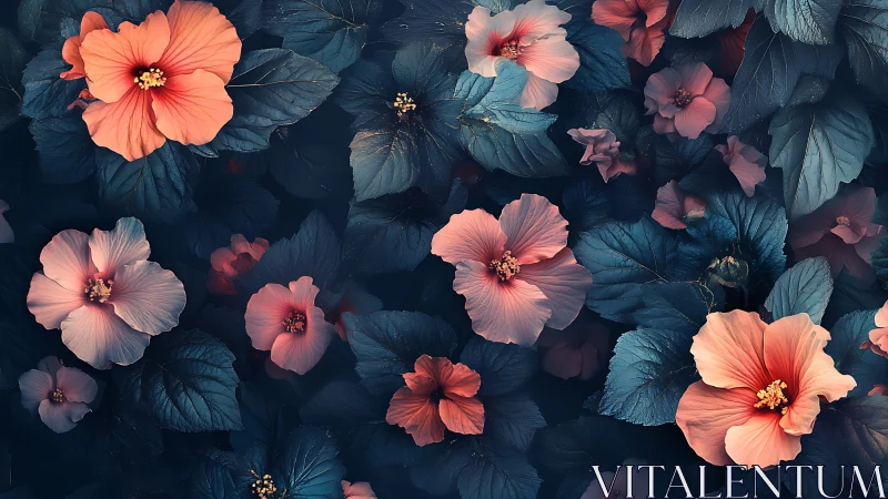 Coral Hibiscus Garden Against Dark Teal Foliage.