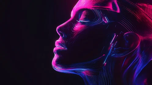 Neon side profile of stylized human head on dark background.