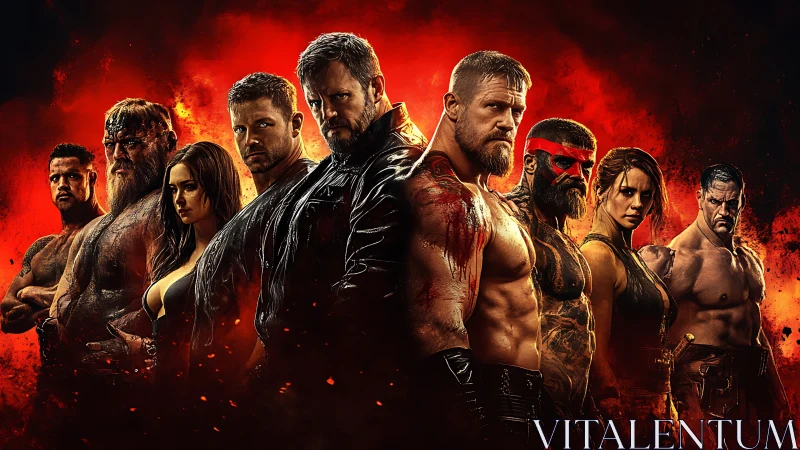 War-scorched warriors stare down destiny in molten red haze