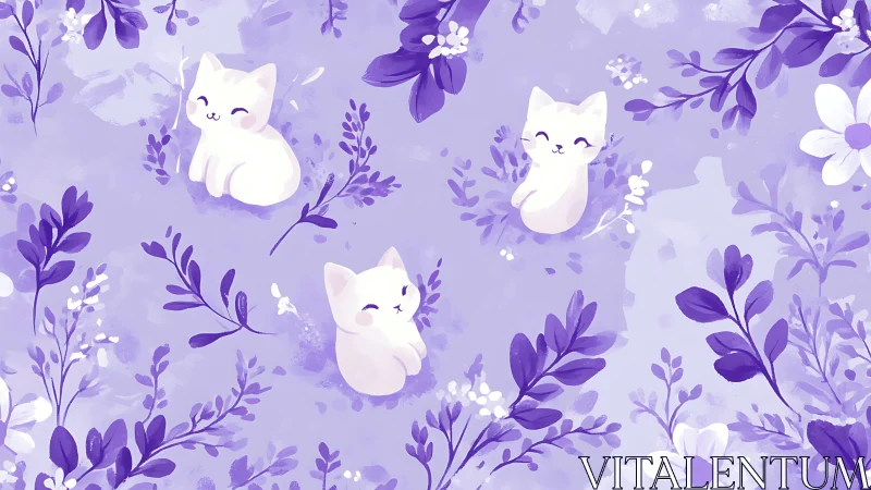 Three white cats rendered with soft volumetric lighting in lavender botanical setting
