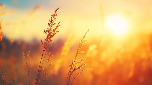 Golden backlit meadow grasses in radiant sunset glow.