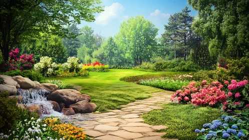 Stone path through landscaped garden with stream and lawn.