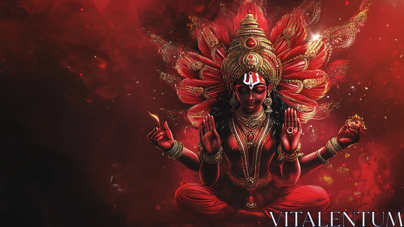 Seated red multi-armed deity figure centered against diffuse red field