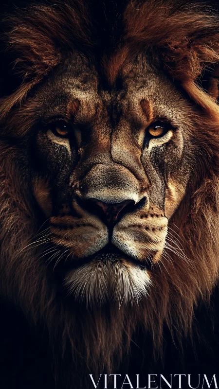 Close frontal portrait of male lion in low key lighting.