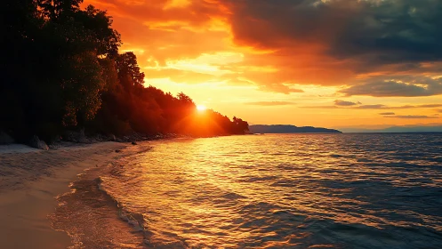 Fiery coastal sunset over calm shoreline and forested cliffs.
