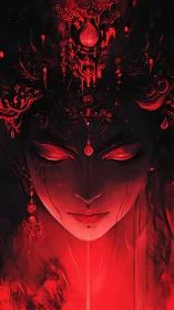 Bloodlit goddess portrait with glowing red eyes and crown.