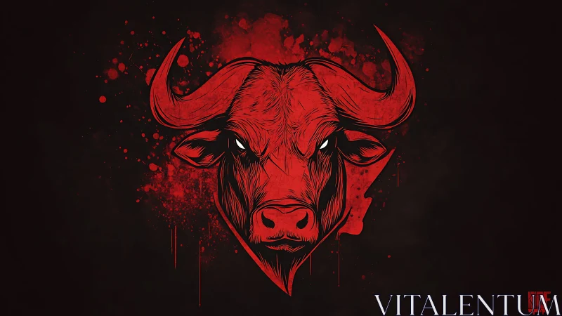 Red bull head illustration on dark splattered background.