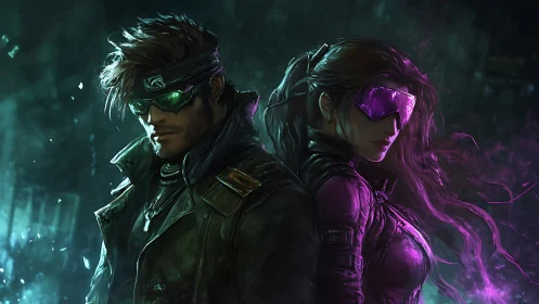 Two cyberpunk fighters stand back to back in neon fog