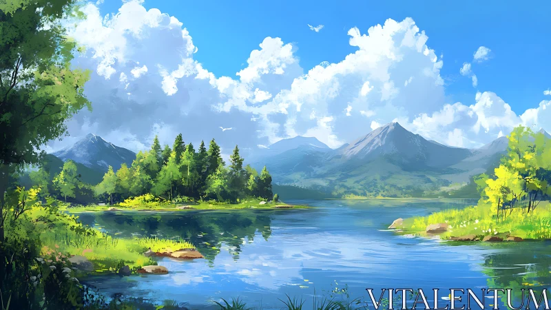 Mountain lake landscape shows forest, water and clouds clearly