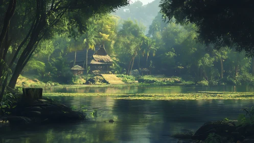 Riverside forest dwelling stands amid dense tropical vegetation