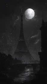 Moonlit Eiffel tower dreaming over midnight river Paris.