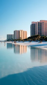 Sunlit beachfront towers mirrored on tranquil shoreline.