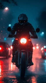 Motorcyclist in neon rain with frontal headlight glare at night