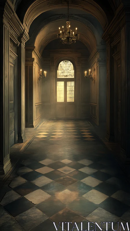 Whispering baroque corridor in hazy candlelit twilight.