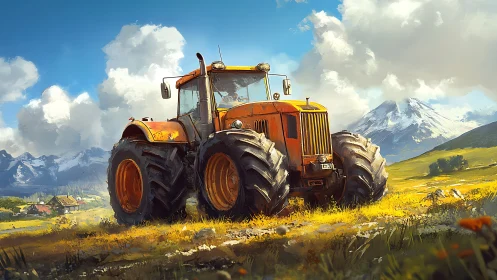 Rustic orange tractor beneath towering alpine clouds.