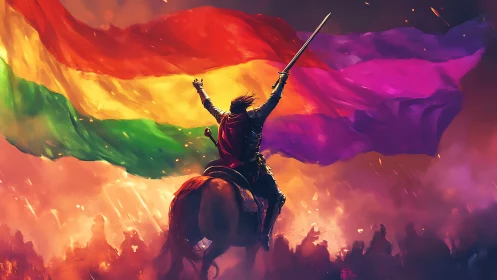 Armored rider raising sword beneath vast pride banner.