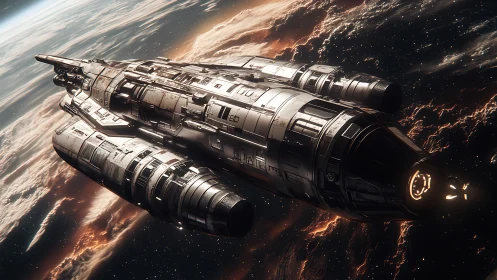 Orbital heavy cruiser with segmented fusion-drive architecture.