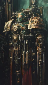 Armored mech sentinel rendered in detailed steampunk plating