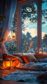 Cozy candlelit window nook glows against a dreamy twilight sky