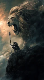 Roaring Sky Lion Guarding the Cliffside Warrior’s Oath.