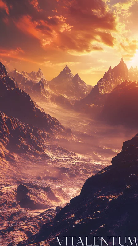Fiery alien mountain range under blazing sunset sky.
