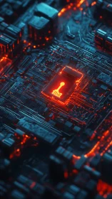 Neon circuitry gathers protectively around a glowing lock-core