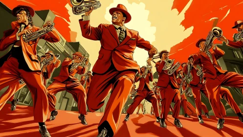 Street brass band in bold orange cinematic motion scene.