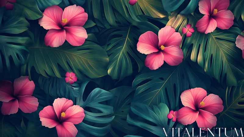 Pink Hibiscus Blooms Dance Among Tropical Foliage.