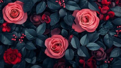 Pink Roses Bloom Through Dark Foliage and Berry Accents